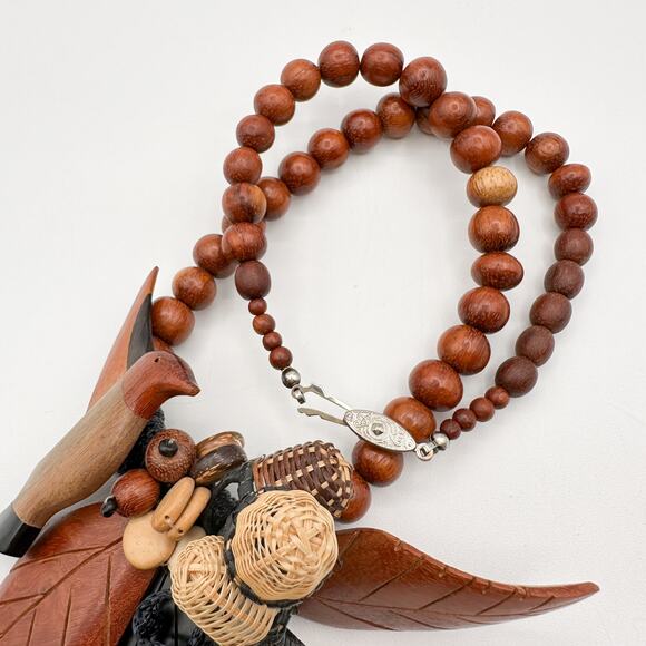 Carved Wood Hummingbird Statement Necklace Vtg Chunky Boho 1970s Beaded Handmade - Picture 7 of 13